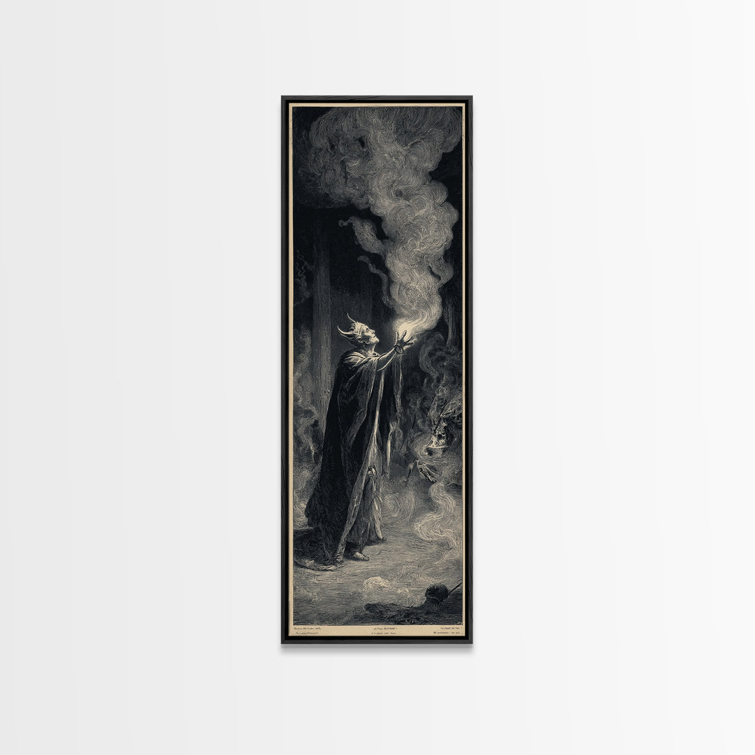 Celestial Witchcraft, Gothic Engraving Art, Tall Narrow Wall Art, Dark Fantasy Wall Art, Framed Canvas Print, Halloween Wall Art