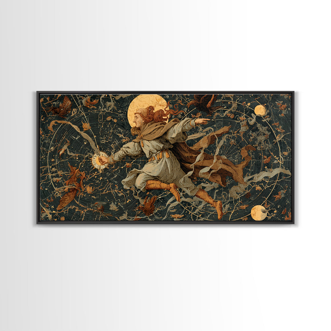 Celestial Witchcraft, Medieval Grotesque Art, Wide Panoramic Art, Macabre Wall Art, Framed Canvas Print, Halloween Wall Art