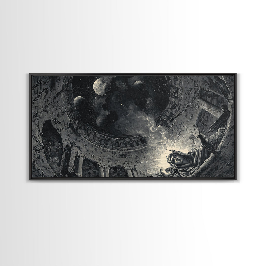 Celestial Witchcraft, Architectural Etching Art, Wide Panoramic Art, Gothic Horror Wall Art, Framed Canvas Print