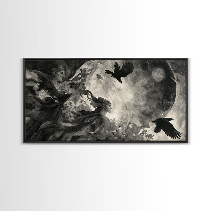 Celestial Witchcraft, Symbolist Dream Art, Wide Panoramic Art, Dark Fantasy Wall Art, Framed Canvas Print, Halloween Wall Art