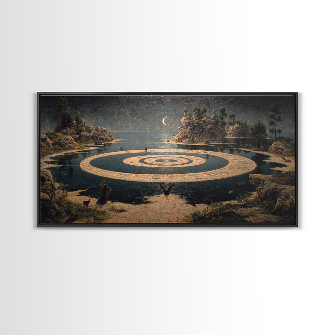 Celestial Witchcraft, Symbolist Gothic Landscape, Wide Panoramic Art, Dark Halloween Decor, Framed Canvas Print, Halloween Wall Art