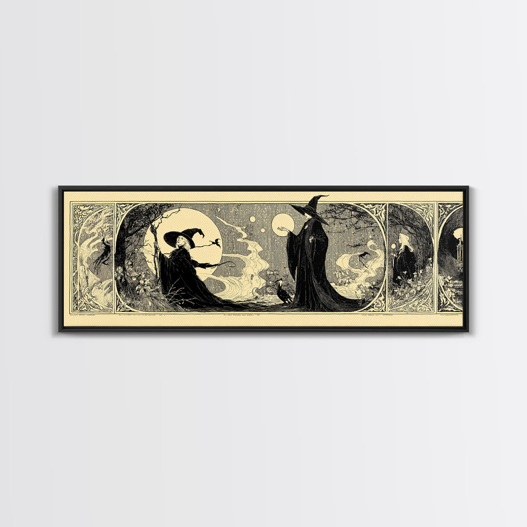 Celestial Witchcraft, Decadent Line Art, Extra Wide Wall Art, Macabre Wall Art, Framed Canvas Print, Halloween Wall Art