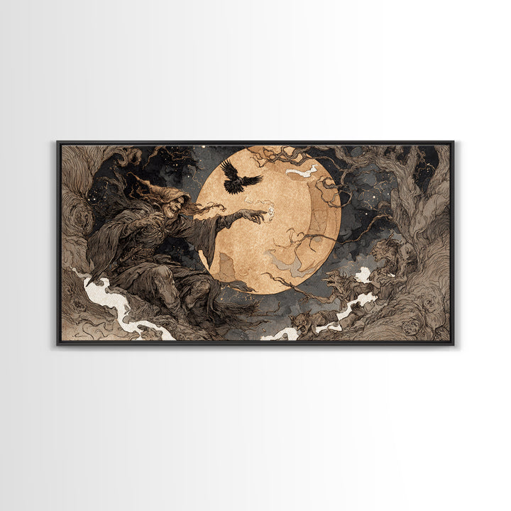Celestial Witchcraft, Gothic Storybook Art, Wide Panoramic Art, Dark Halloween Decor, Canvas Print, Halloween Wall Art