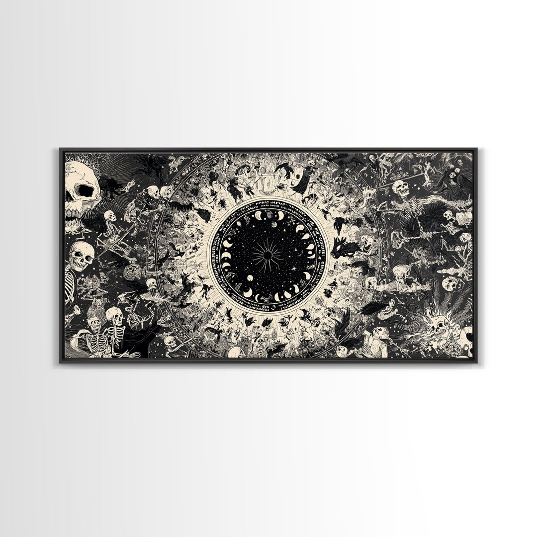 Celestial Witchcraft, Macabre Folk Print Art, Wide Panoramic Art, Dark Halloween Decor, Framed Canvas Print, Halloween Wall Art