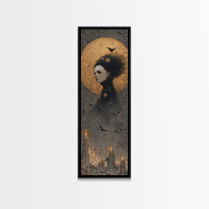 Celestial Witchcraft, Surreal Apocalyptic Art, Tall Narrow Wall Art, Dark Fantasy Wall Art, Framed Canvas Print, Halloween Wall Art