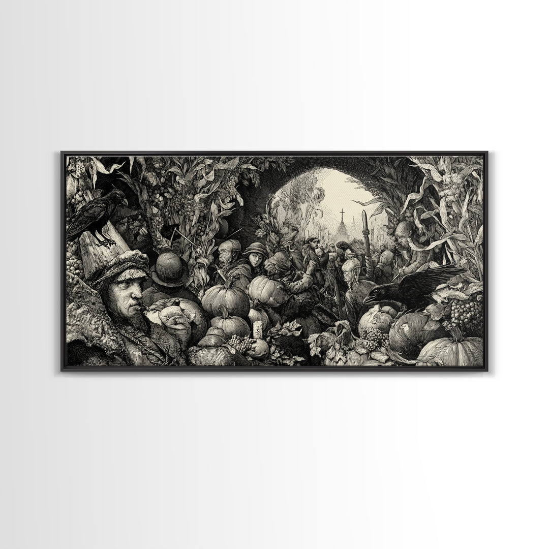 Occult Harvest Festival, Renaissance Engraving Art, Wide Panoramic Art, Gothic Horror Wall Art, Framed Canvas Print, Halloween Wall Art