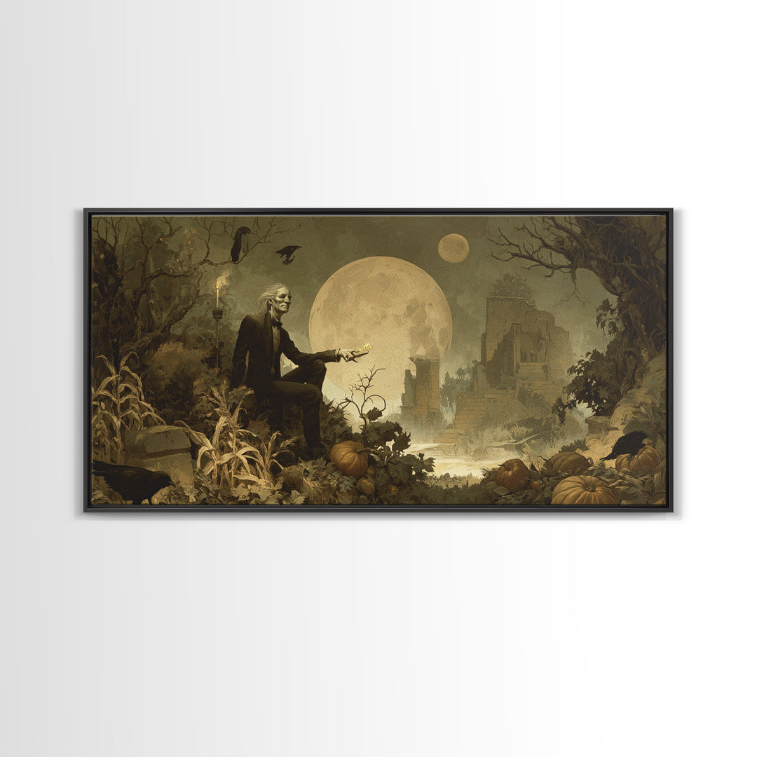 Occult Harvest Festival, Romantic Gothic Landscape, Wide Panoramic Art, Macabre Wall Art, Framed Canvas Print, Halloween Wall Art
