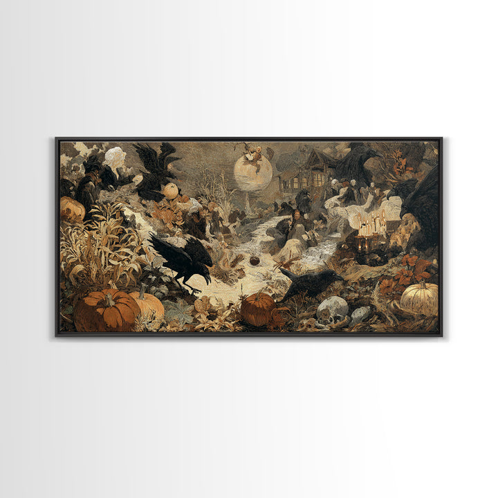 Occult Harvest Festival, Symbolist Etching Art, Wide Panoramic Art, Macabre Wall Art, Framed Canvas Print, Halloween Wall Art