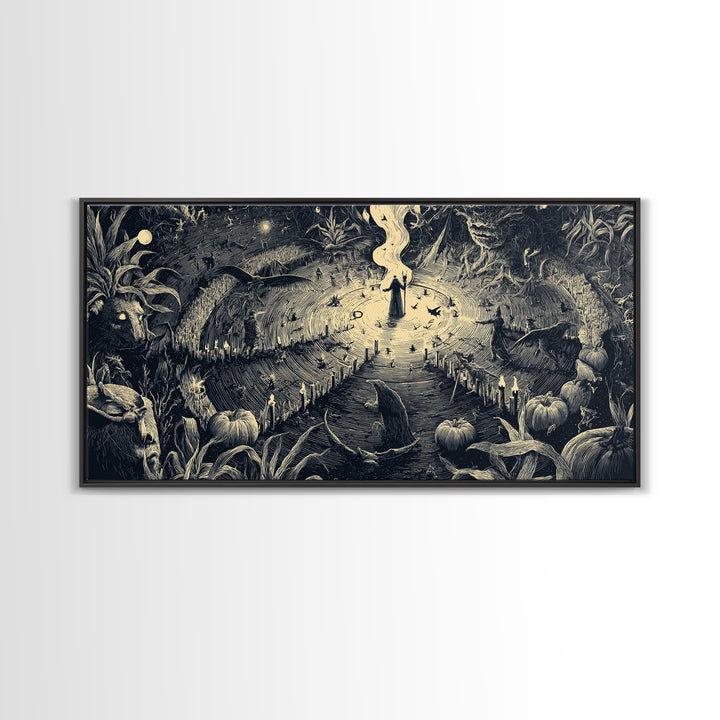 Occult Harvest Festival, Expressionist Nightmare Art, Wide Panoramic Art, Dark Halloween Decor, Canvas Print, Halloween Wall Art