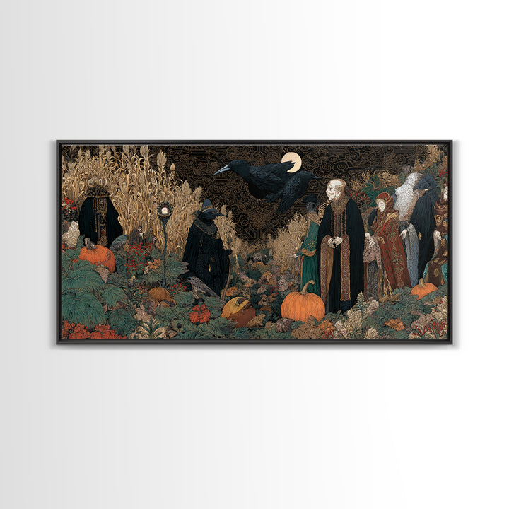 Occult Harvest Festival, Stained Glass Gothic Art, Wide Panoramic Art, Dark Fantasy Wall Art, Canvas Print, Halloween Wall Art