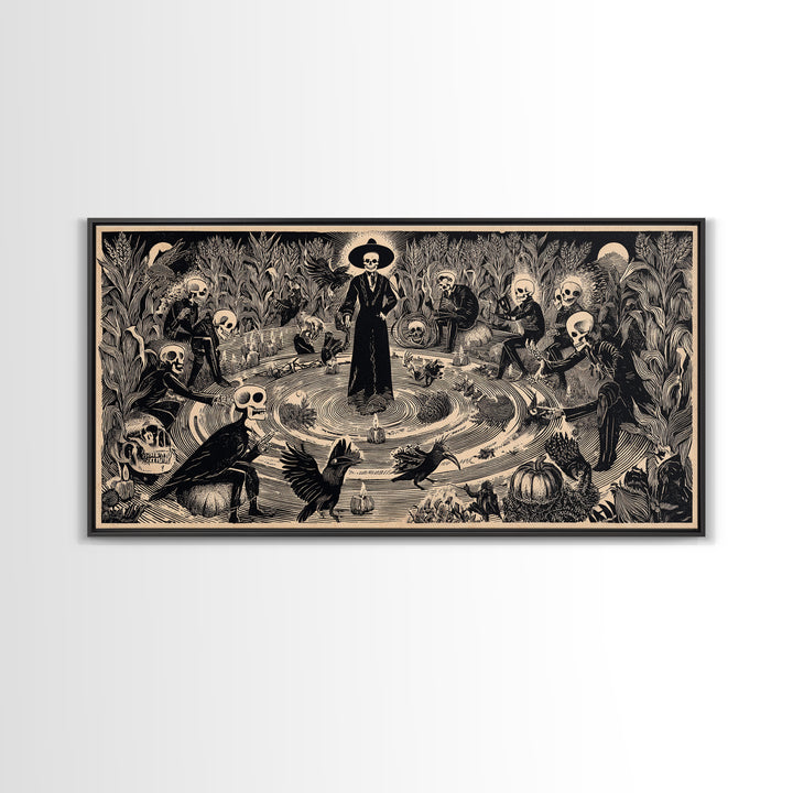 Occult Harvest Festival, Macabre Folk Print Art, Wide Panoramic Art, Macabre Wall Art, Framed Canvas Print, Halloween Wall Art