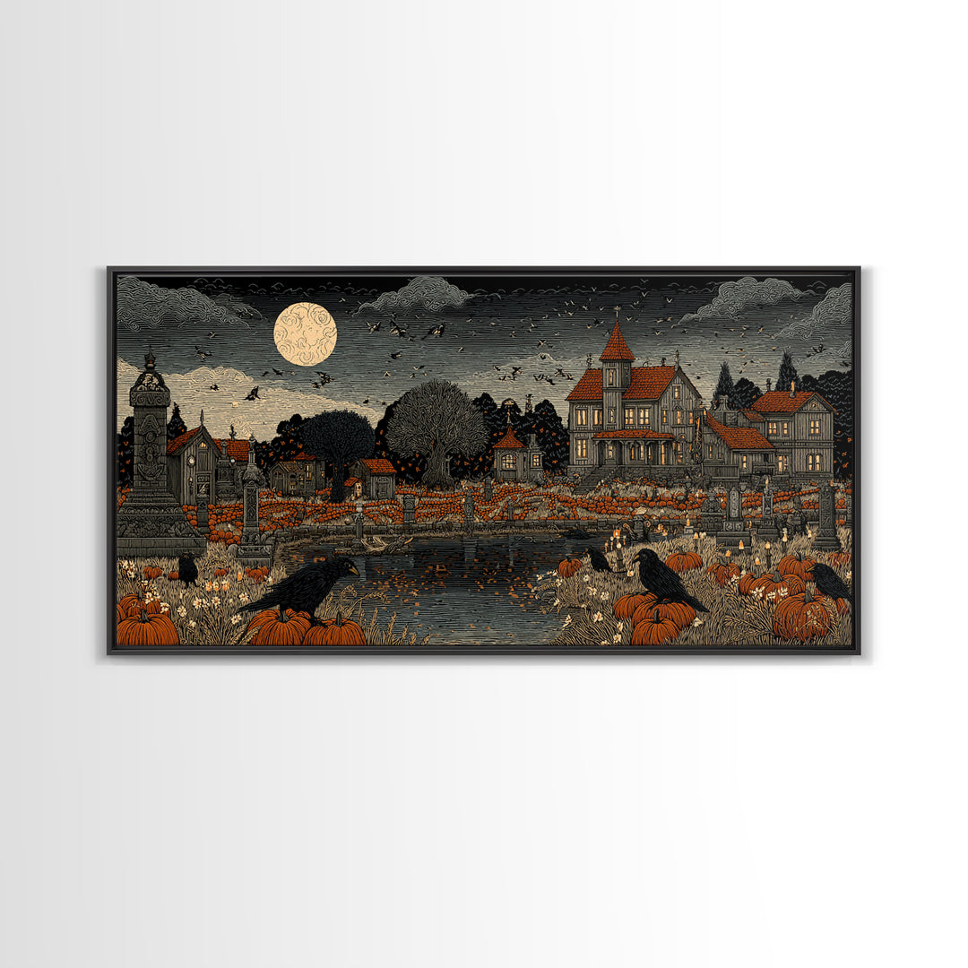 Occult Harvest Festival, Victorian Macabre Art, Wide Panoramic Art, Macabre Wall Art, Framed Canvas Print, Halloween Wall Art