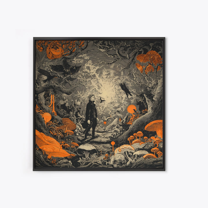 Enchanted Woodland Halloween, Symbolist Etching Art, Square Wall Art, Dark Fantasy Wall Art, Canvas Print, Halloween Wall Art