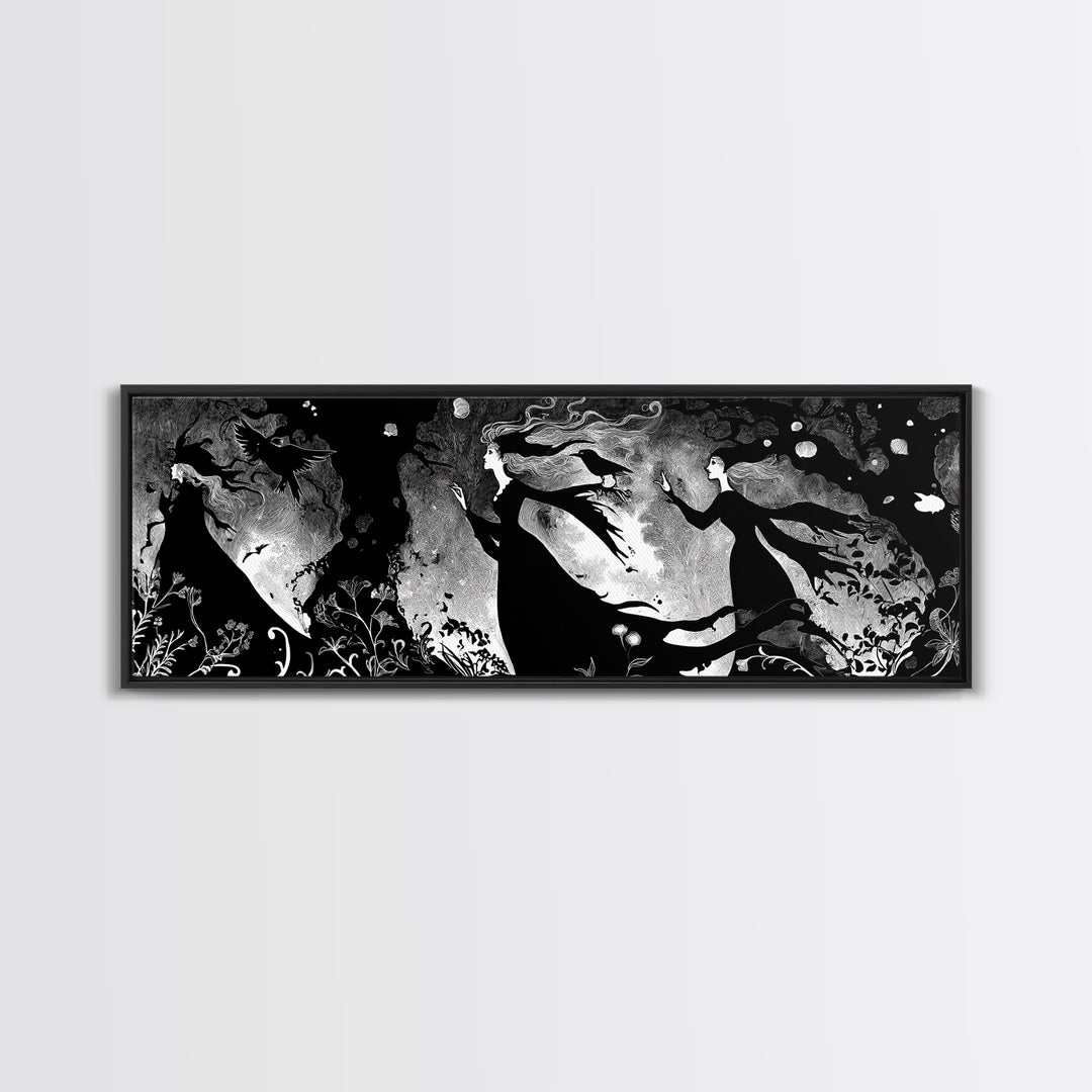 Enchanted Woodland Halloween, Decadent Line Art, Extra Wide Wall Art, Dark Halloween Decor, Canvas Print, Halloween Wall Art