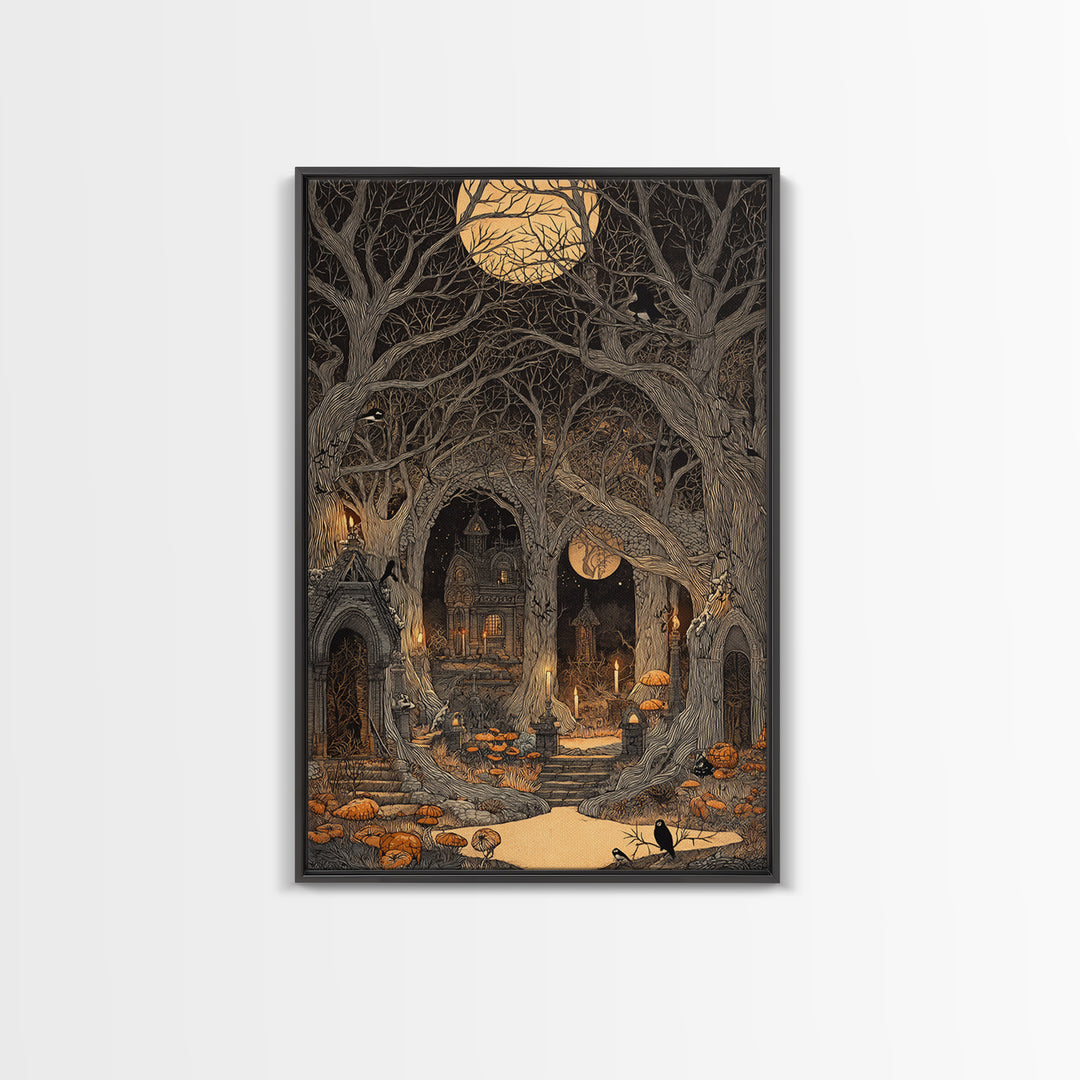 Enchanted Woodland Halloween, Victorian Macabre Art, Vertical Wall Art, Dark Fantasy Wall Art, Framed Canvas Print, Halloween Wall Art