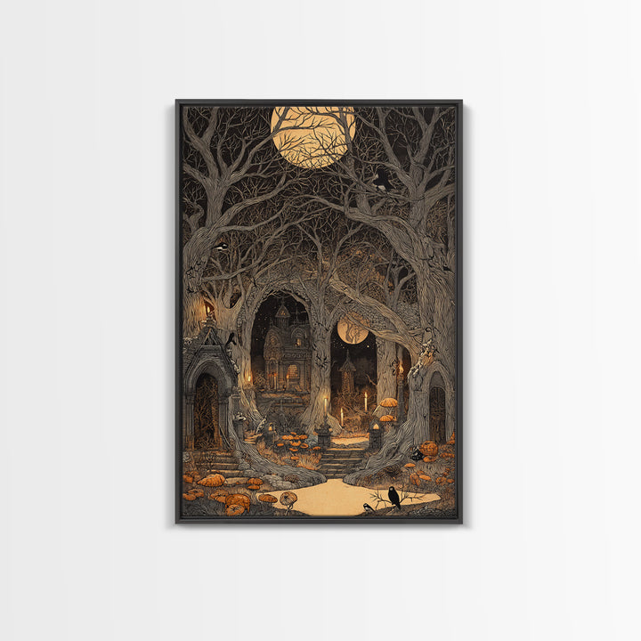 Enchanted Woodland Halloween, Victorian Macabre Art, Vertical Wall Art, Dark Fantasy Wall Art, Framed Canvas Print, Halloween Wall Art