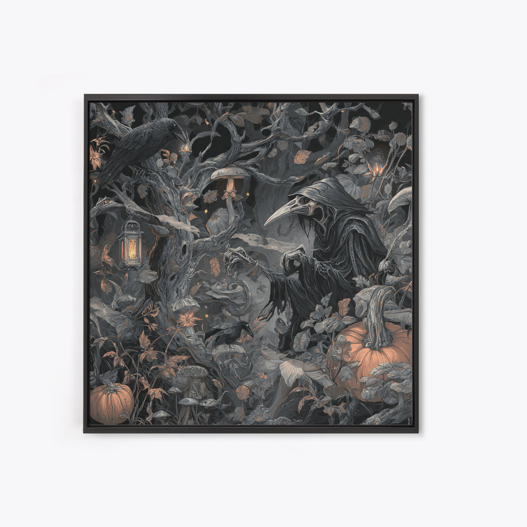 Enchanted Woodland Halloween, Biomechanical Horror Art, Square Wall Art, Dark Fantasy Wall Art, Framed Canvas Print, Halloween Wall Art