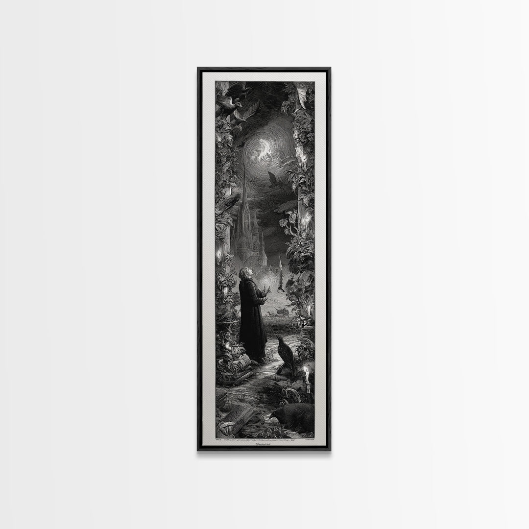 Gothic Romance, Gothic Engraving Art, Tall Narrow Wall Art, Dark Halloween Decor, Framed Canvas Print, Halloween Wall Art