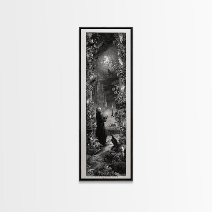 Gothic Romance, Gothic Engraving Art, Tall Narrow Wall Art, Dark Halloween Decor, Framed Canvas Print, Halloween Wall Art