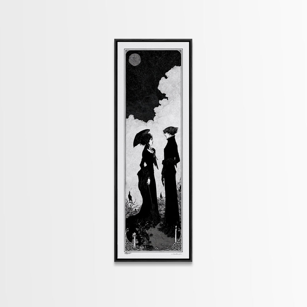 Gothic Romance, Decadent Line Art, Tall Narrow Wall Art, Dark Fantasy Wall Art, Framed Canvas Print, Halloween Wall Art