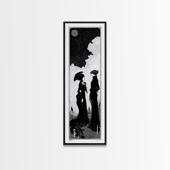 Gothic Romance, Decadent Line Art, Tall Narrow Wall Art, Dark Fantasy Wall Art, Framed Canvas Print, Halloween Wall Art