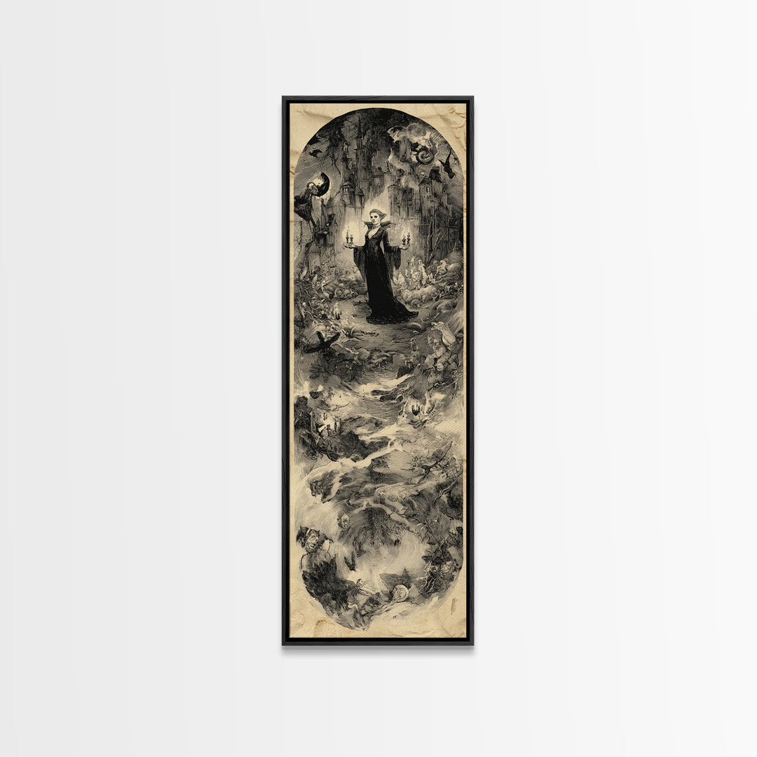 Gothic Romance, Gothic Storybook Art, Tall Narrow Wall Art, Dark Halloween Decor, Framed Canvas Print, Halloween Wall Art