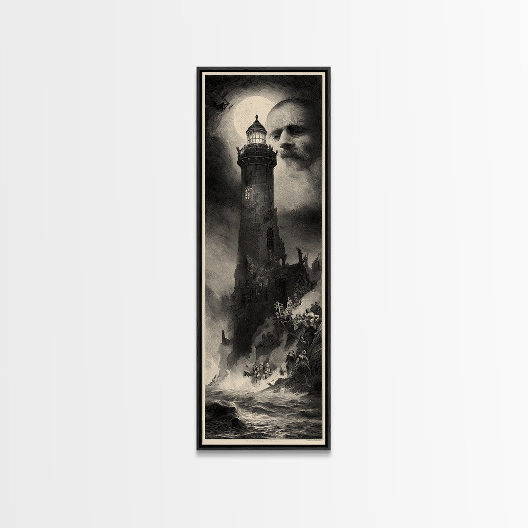 Haunted Seaside Halloween, Gothic Engraving Art, Tall Narrow Wall Art, Macabre Wall Art, Framed Canvas Print, Halloween Wall Art