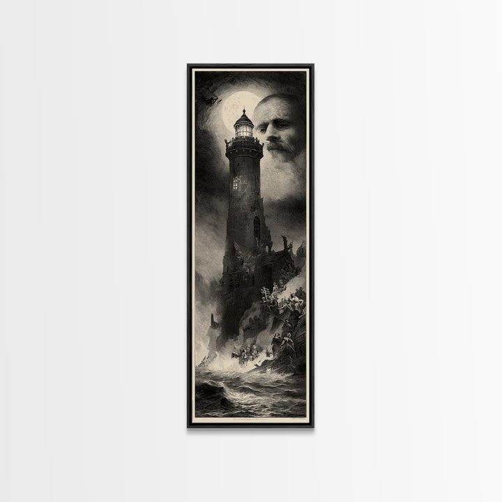 Haunted Seaside Halloween, Gothic Engraving Art, Tall Narrow Wall Art, Macabre Wall Art, Framed Canvas Print, Halloween Wall Art