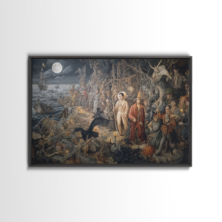 Haunted Seaside Halloween, Medieval Grotesque Art, Landscape Wall Art, Macabre Wall Art, Framed Canvas Print, Halloween Wall Art