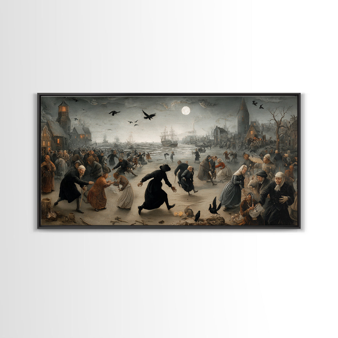 Haunted Seaside Halloween, Northern Renaissance Horror, Wide Panoramic Art, Gothic Horror Wall Art, Framed Canvas Print
