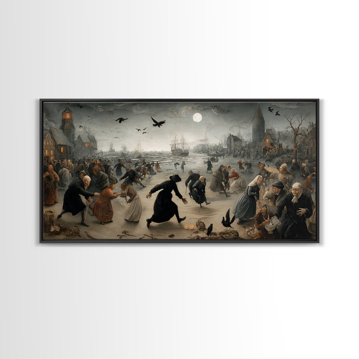 Haunted Seaside Halloween, Northern Renaissance Horror, Wide Panoramic Art, Gothic Horror Wall Art, Framed Canvas Print