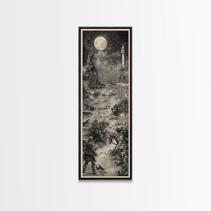 Haunted Seaside Halloween, Renaissance Engraving Art, Tall Narrow Wall Art, Dark Fantasy Wall Art, Framed Canvas Print, Halloween Wall Art