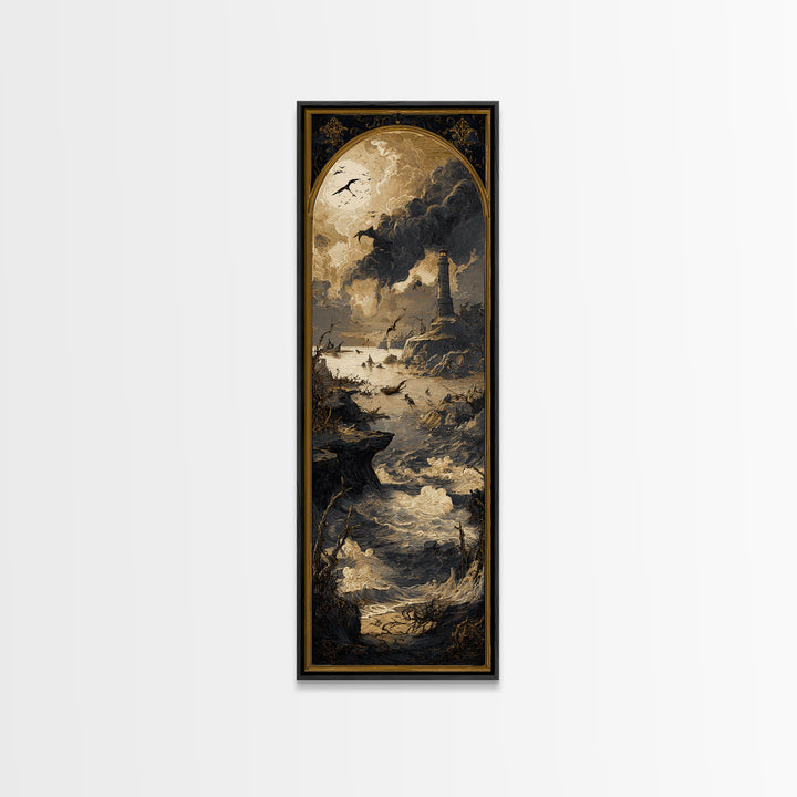 Haunted Seaside Halloween, Dark Romantic Horror Art, Tall Narrow Wall Art, Dark Halloween Decor, Framed Canvas Print, Halloween Wall Art