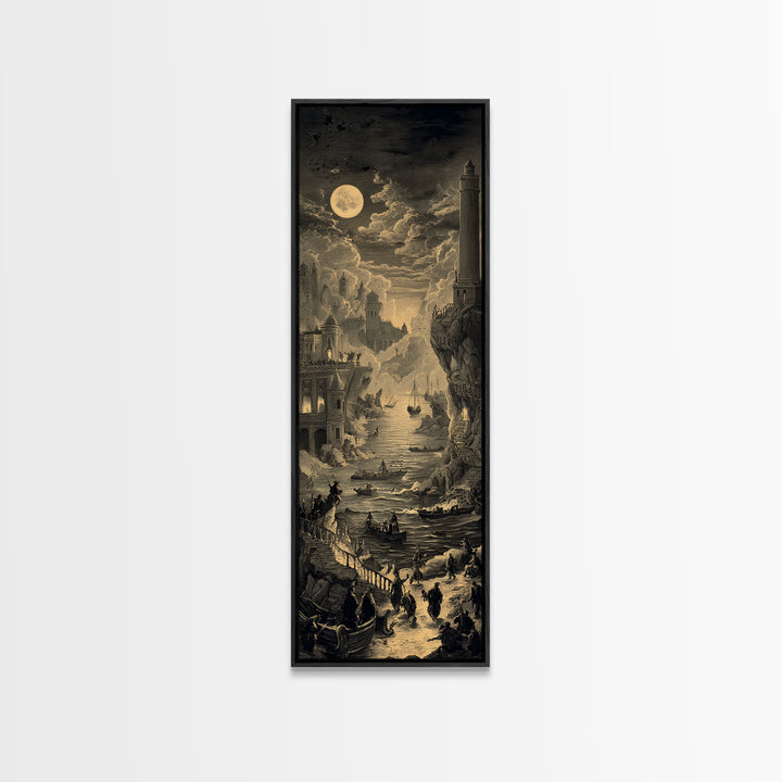 Haunted Seaside Halloween, Architectural Etching Art, Tall Narrow Wall Art, Gothic Horror Wall Art, Framed Canvas Print