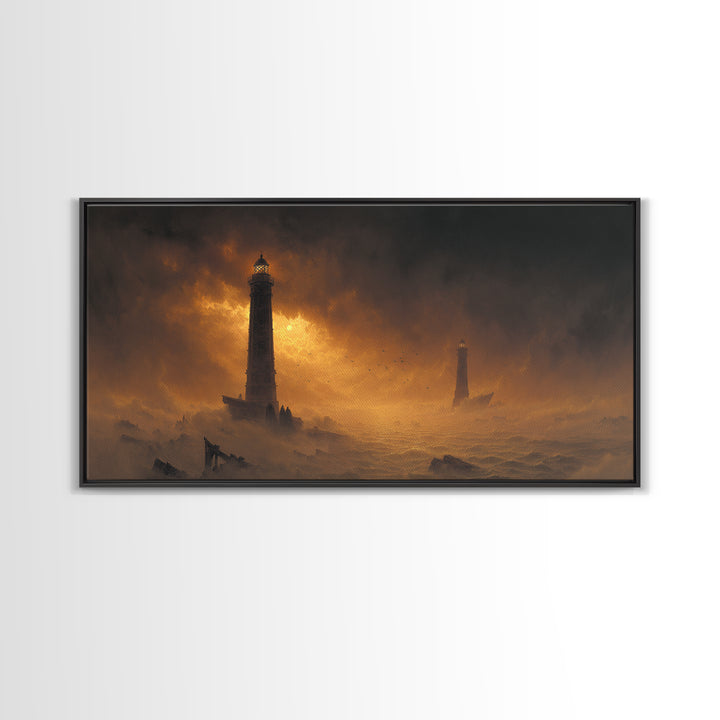 Haunted Seaside Halloween, Apocalyptic Romantic Art, Wide Panoramic Art, Dark Halloween Decor, Canvas Print, Halloween Wall Art