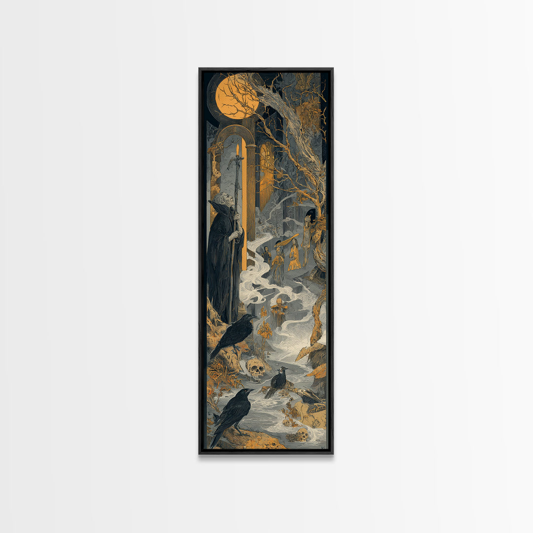 Haunted Seaside Halloween, Symbolist Etching Art, Tall Narrow Wall Art, Dark Halloween Decor, Framed Canvas Print, Halloween Wall Art