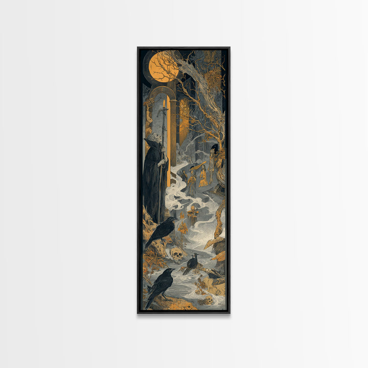 Haunted Seaside Halloween, Symbolist Etching Art, Tall Narrow Wall Art, Dark Halloween Decor, Framed Canvas Print, Halloween Wall Art