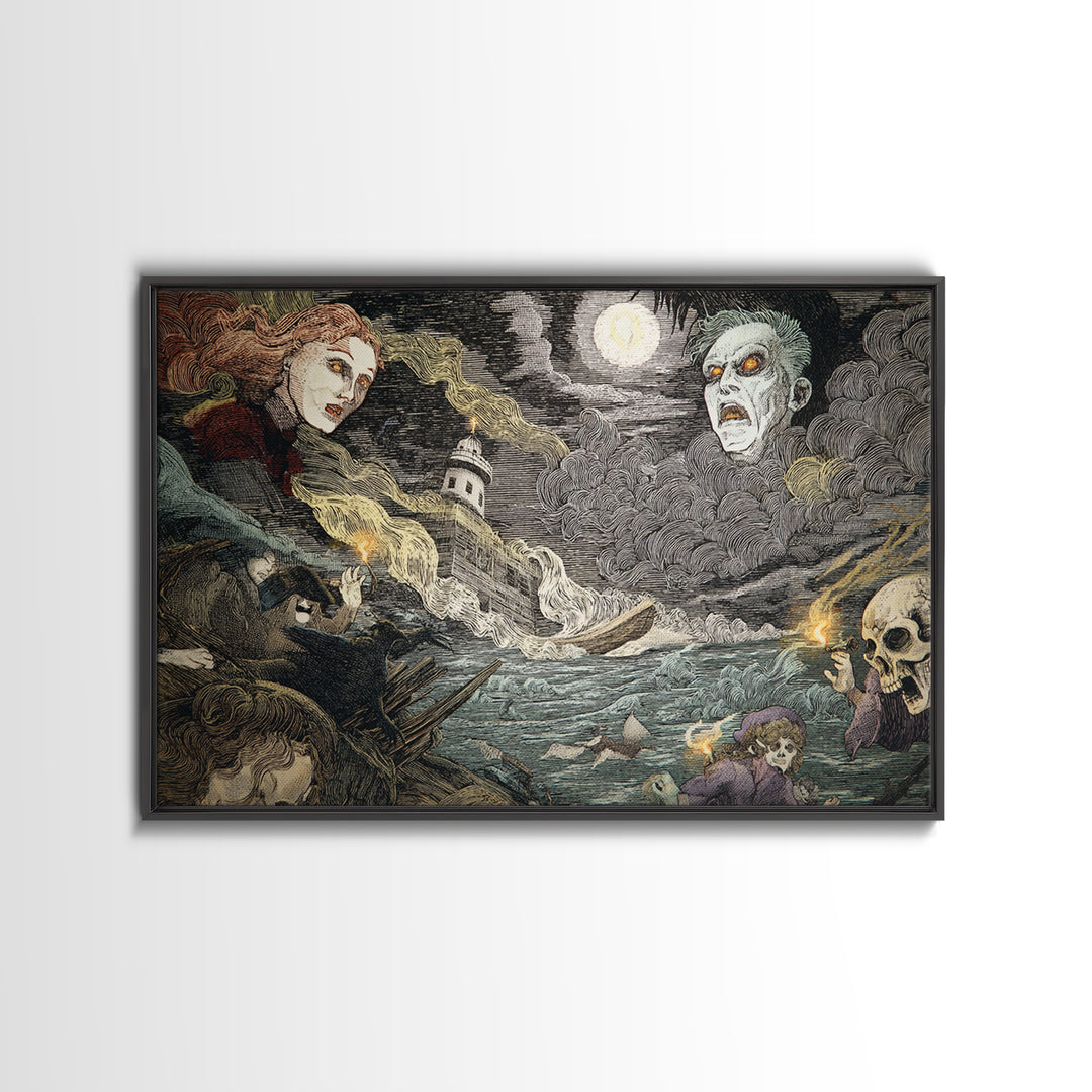 Haunted Seaside Halloween, Expressionist Gothic Art, Landscape Wall Art, Macabre Wall Art, Canvas Print, Halloween Wall Art