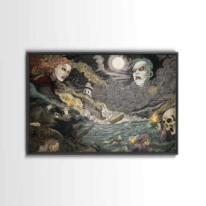 Haunted Seaside Halloween, Expressionist Gothic Art, Landscape Wall Art, Macabre Wall Art, Canvas Print, Halloween Wall Art