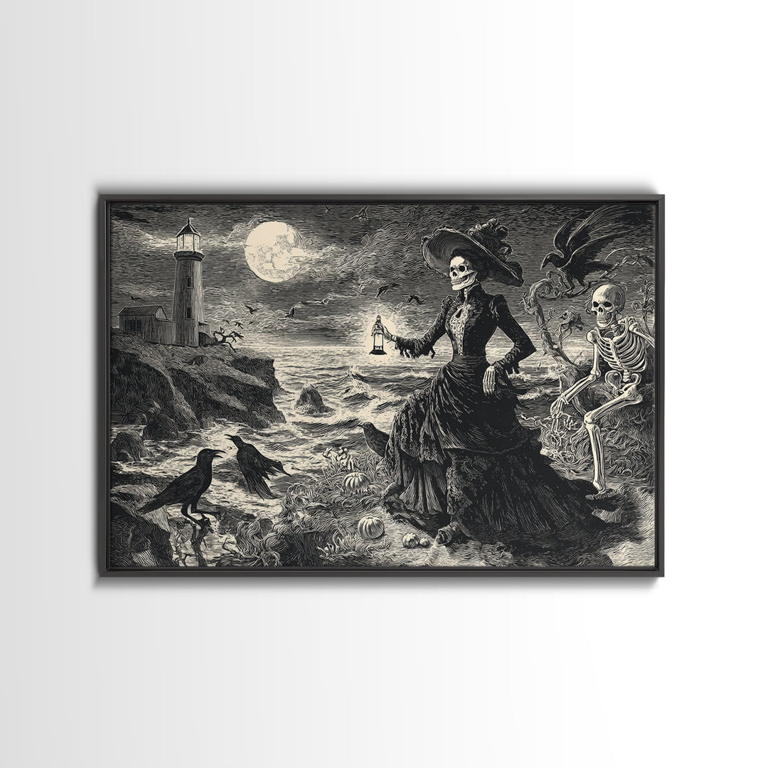 Haunted Seaside Halloween, Macabre Folk Print Art, Landscape Wall Art, Dark Halloween Decor, Framed Canvas Print