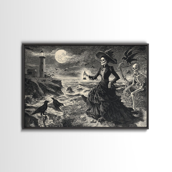 Haunted Seaside Halloween, Macabre Folk Print Art, Landscape Wall Art, Dark Halloween Decor, Framed Canvas Print