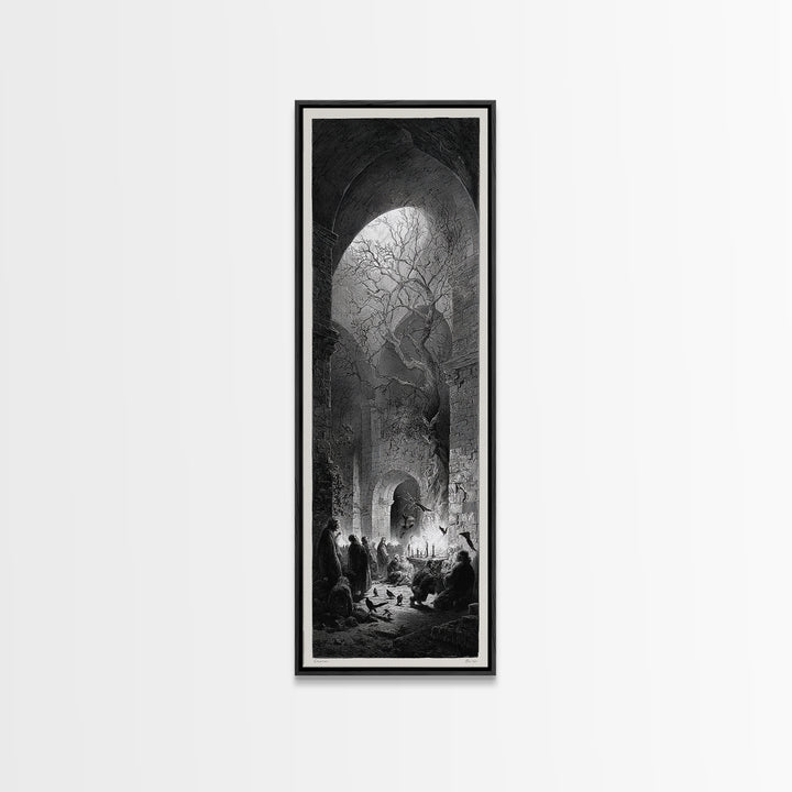 The Candlelit Crypt, Gothic Engraving Art, Tall Narrow Wall Art, Dark Fantasy Wall Art, Canvas Print, Halloween Wall Art