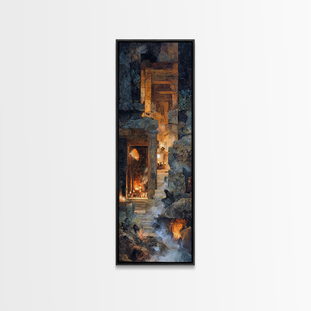 The Candlelit Crypt, Ornate Symbolist Art, Tall Narrow Wall Art, Dark Halloween Decor, Framed Canvas Print, Halloween Wall Art