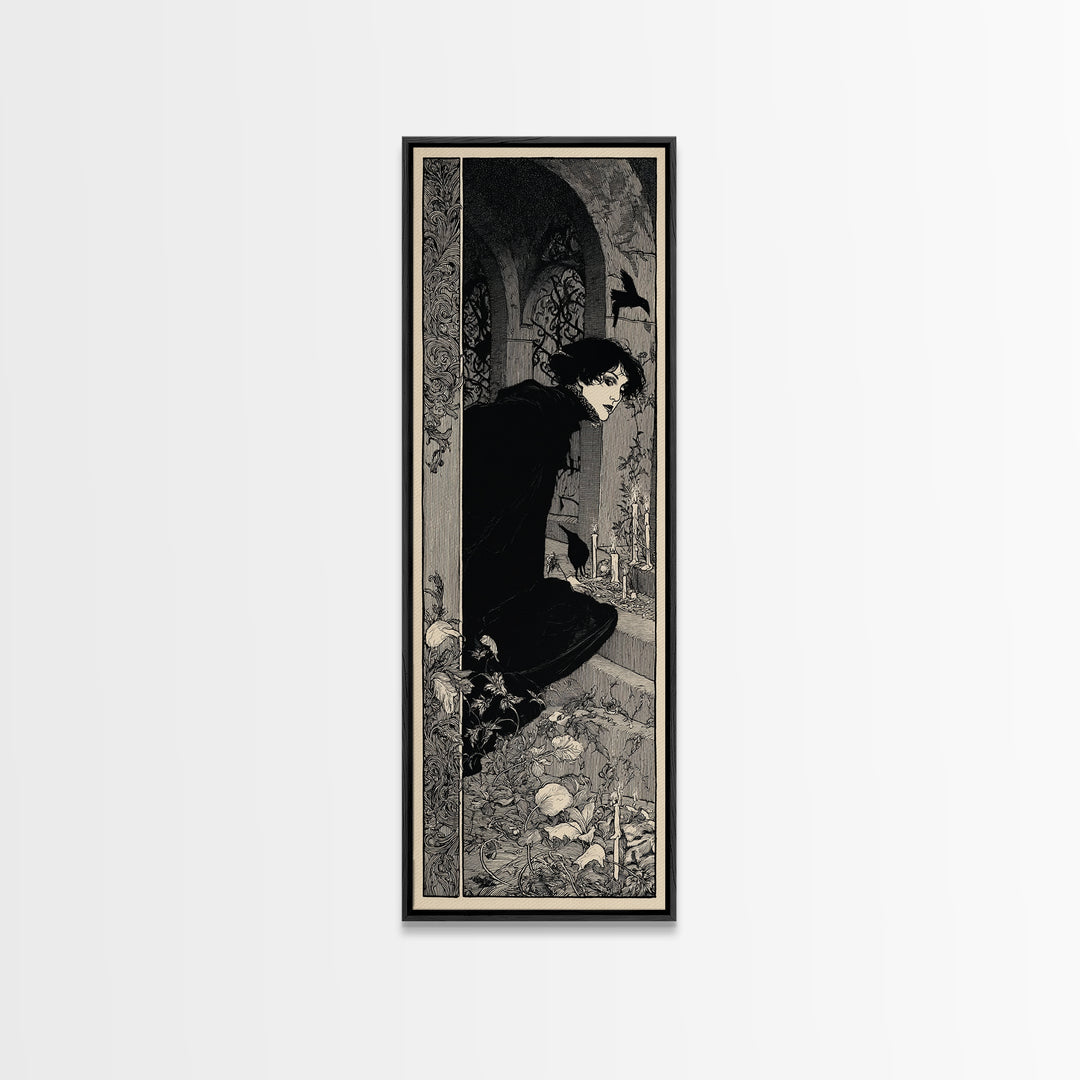 The Candlelit Crypt, Decadent Line Art, Tall Narrow Wall Art, Macabre Wall Art, Framed Canvas Print, Halloween Wall Art