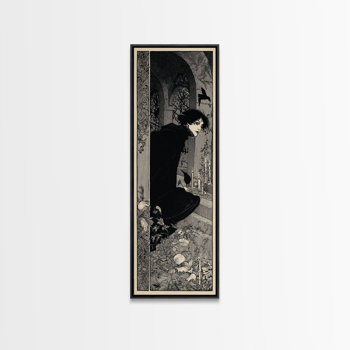 The Candlelit Crypt, Decadent Line Art, Tall Narrow Wall Art, Macabre Wall Art, Framed Canvas Print, Halloween Wall Art