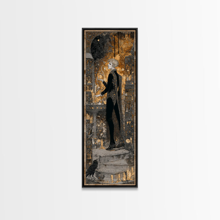 The Candlelit Crypt, Stained Glass Gothic Art, Tall Narrow Wall Art, Dark Fantasy Wall Art, Framed Canvas Print, Halloween Wall Art
