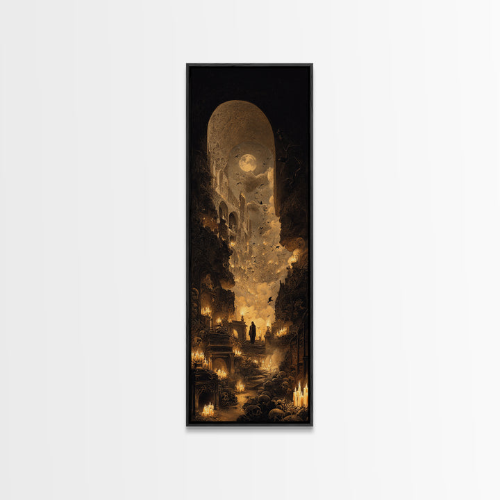 The Candlelit Crypt, Surreal Apocalyptic Art, Tall Narrow Wall Art, Dark Fantasy Wall Art, Framed Canvas Print, Halloween Wall Art