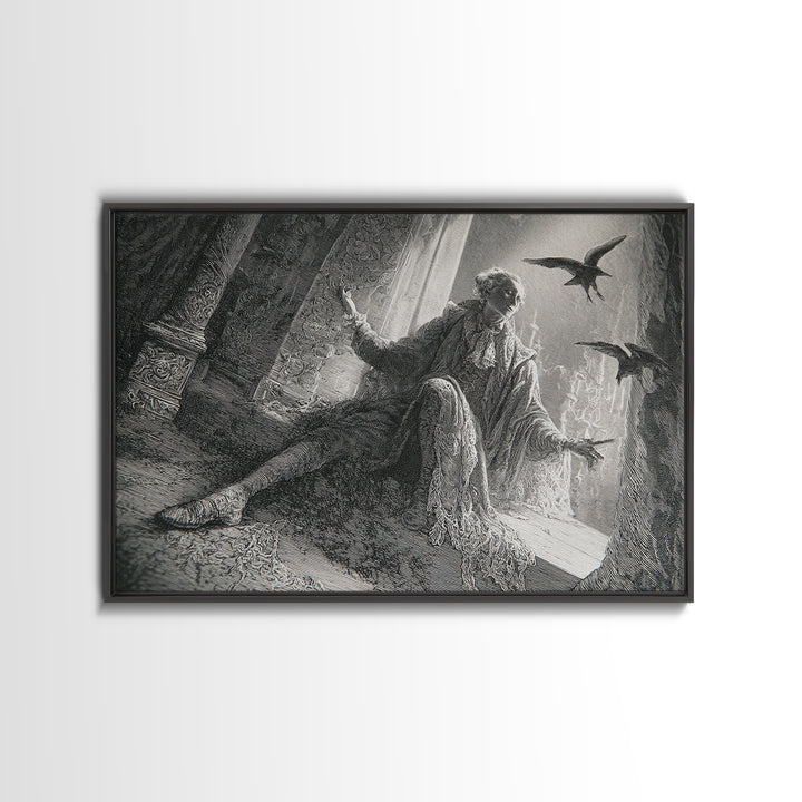 Black Lace And Cobwebs, Gothic Engraving Art, Landscape Wall Art, Dark Halloween Decor, Framed Canvas Print, Halloween Wall Art
