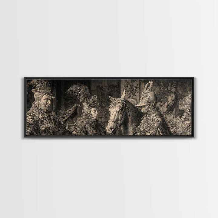 Black Lace And Cobwebs, Renaissance Engraving Art, Extra Wide Wall Art, Gothic Horror Wall Art, Framed Canvas Print, Halloween Wall Art