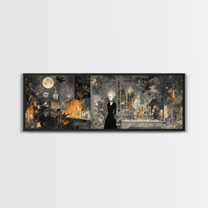 Black Lace And Cobwebs, Visionary Gothic Art, Extra Wide Wall Art, Macabre Wall Art, Framed Canvas Print, Halloween Wall Art